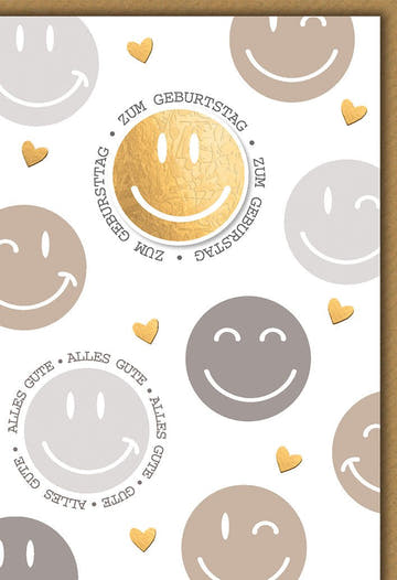 Geburtstagskarte Geschäftlich – Goldene Smiley - Gesichter mit Herz - Details und Prägung
