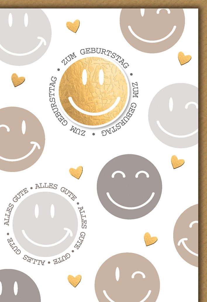 Geburtstagskarte Geschäftlich – Goldene Smiley - Gesichter mit Herz - Details und Prägung