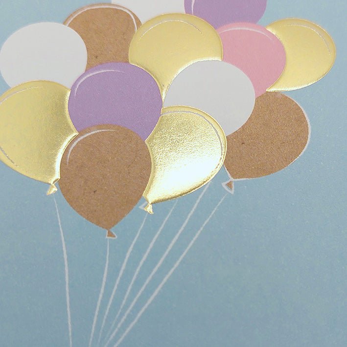 Geburtstagskarte geschäftlich mit Ballons in Gold Rosa und Kraftpapier Stil edle Doppelkarte für Kollegen oder Mitarbeiter