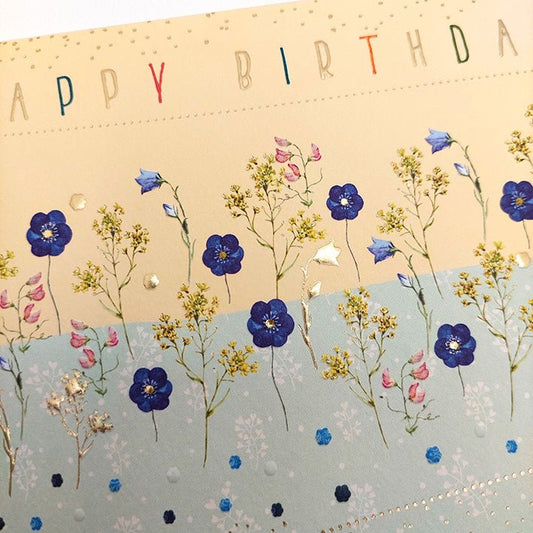 Geburtstagskarte geschäftlich mit Blumenwiese und Happy Birthday Schriftzug edles Design für Kollegen Mitarbeiter Firmenjubiläum