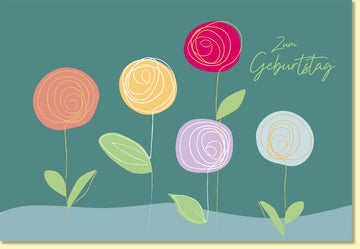 Geburtstagskarte geschäftlich mit bunten Blumen modern illustriert auf grünem Hintergrund stilvolle Doppelkarte zum Geburtstag