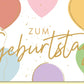 Geburtstagskarte geschäftlich mit bunten Luftballons und goldener Schrift stilvolle Doppelkarte für Kollegen Kunden Mitarbeiter
