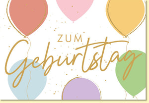 Geburtstagskarte geschäftlich mit bunten Luftballons und goldener Schrift stilvolle Doppelkarte für Kollegen Kunden Mitarbeiter