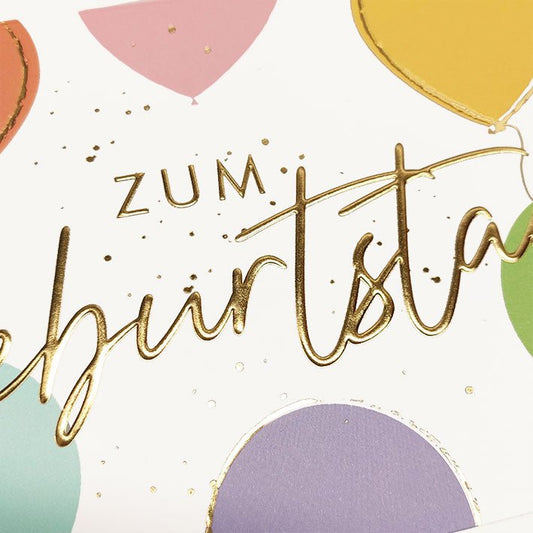 Geburtstagskarte geschäftlich mit bunten Luftballons und goldener Schrift stilvolle Doppelkarte für Kollegen Kunden Mitarbeiter