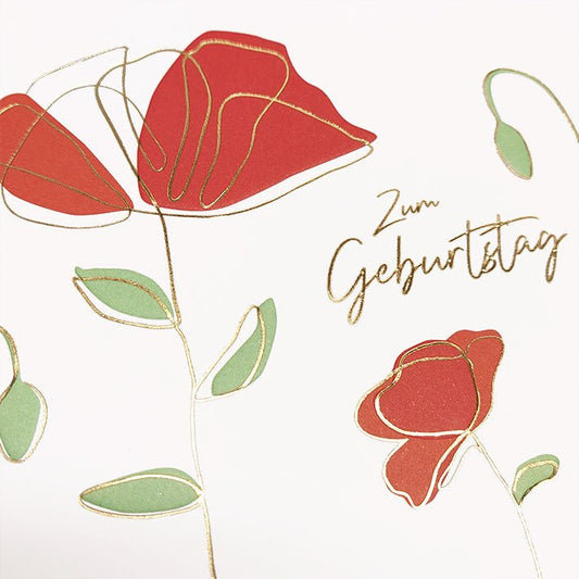 Geburtstagskarte geschäftlich mit modernem Mohnblumen - Design und elegantem Schriftzug zum Geburtstag hochwertige Doppelkarte