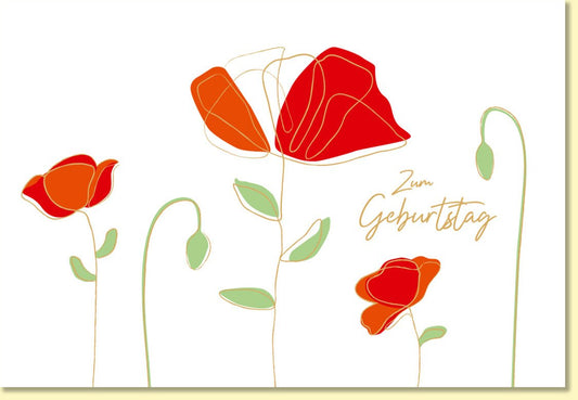 Geburtstagskarte geschäftlich mit modernem Mohnblumen - Design und elegantem Schriftzug zum Geburtstag hochwertige Doppelkarte