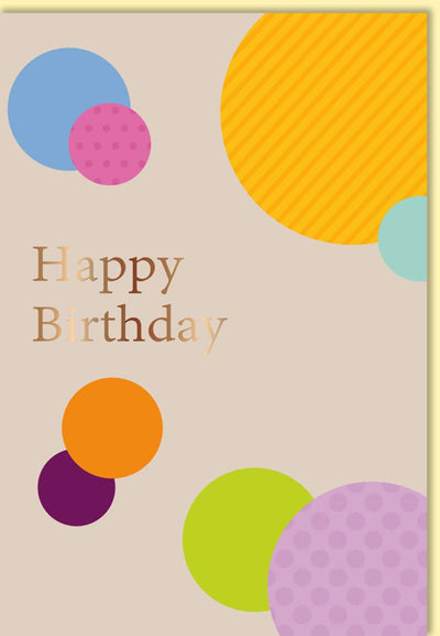 Geburtstagskarte geschäftlich modern mit bunten Kreisen und Happy Birthday Schriftzug hochwertige Doppelkarte für Firmen und Kollegen