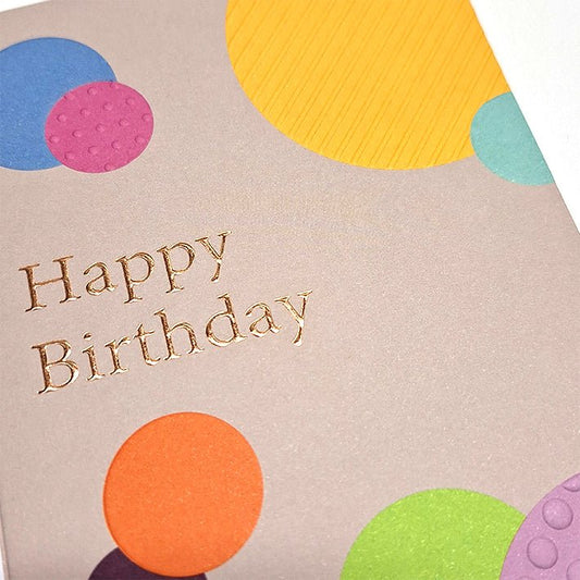 Geburtstagskarte geschäftlich modern mit bunten Kreisen und Happy Birthday Schriftzug hochwertige Doppelkarte für Firmen und Kollegen