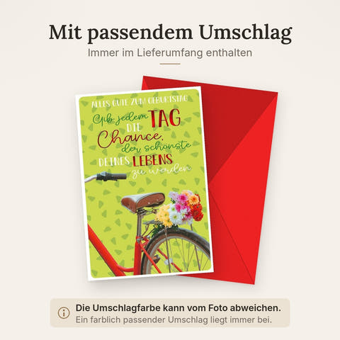 Geburtstagskarte: Gib jedem Tag die Chance, der schönste zu werden - Rotes Fahrrad & Blumenstrauß