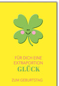 Geburtstagskarte Glückwünsche – Fröhliches Kleeblatt auf Gelbem Hintergrund mit Humor