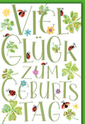 Geburtstagskarte Glückwünsche – Kleeblätter und Marienkäfer in fröhlichem Design
