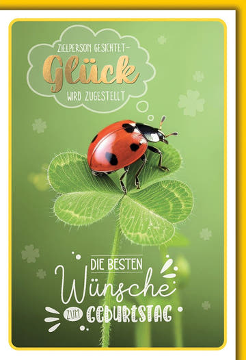 Geburtstagskarte Glückwünsche – Marienkäfer auf Kleeblatt mit verspieltem Design