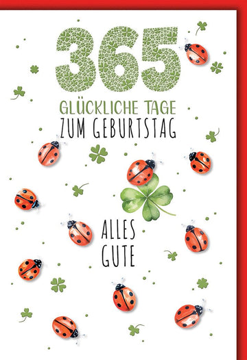 Geburtstagskarte Glückwünsche – Marienkäfer und Kleeblatt für 365 Glückstage