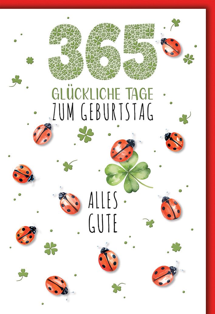 Geburtstagskarte Glückwünsche – Marienkäfer und Kleeblatt für 365 Glückstage