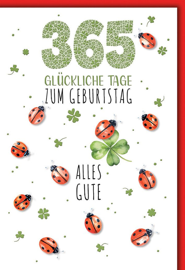 Geburtstagskarte Glückwünsche – Marienkäfer und Kleeblatt für 365 Glückstage