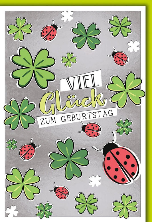 Geburtstagskarte Glückwünsche – Marienkäfer und Kleeblätter in fröhlichem Design