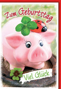Geburtstagskarte Glückwünsche – Rosa Sparschwein mit Marienkäfer und Kleeblatt-Design
