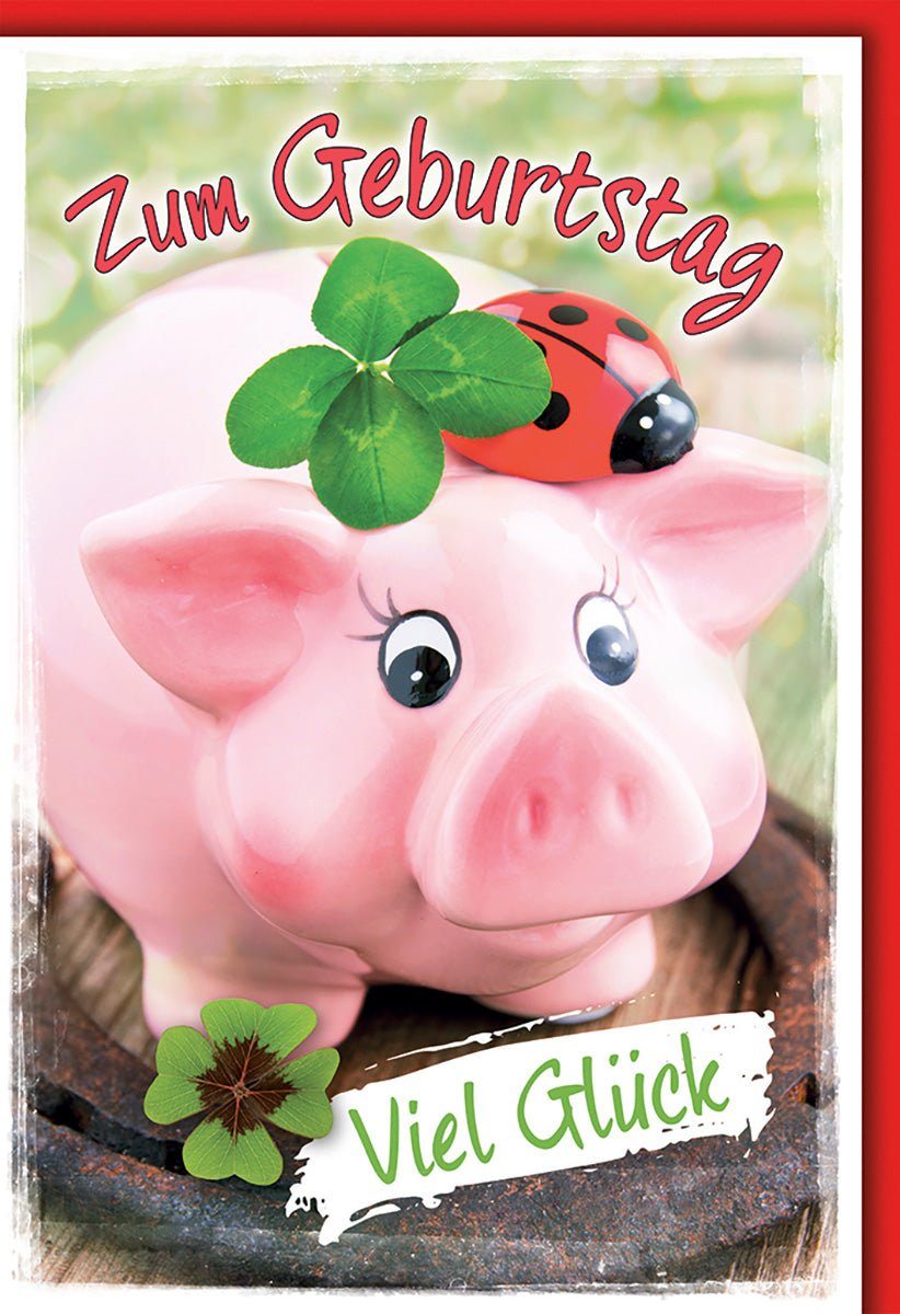 Geburtstagskarte Glückwünsche – Rosa Sparschwein mit Marienkäfer und Kleeblatt - Design