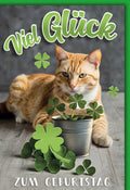 Geburtstagskarte Glückwünsche – Rote Katze mit Kleeblatt und modernem Design