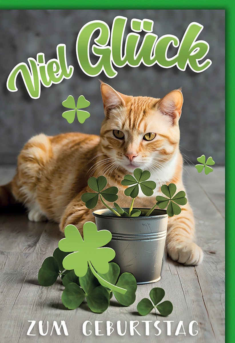 Geburtstagskarte Glückwünsche – Rote Katze mit Kleeblatt und modernem Design