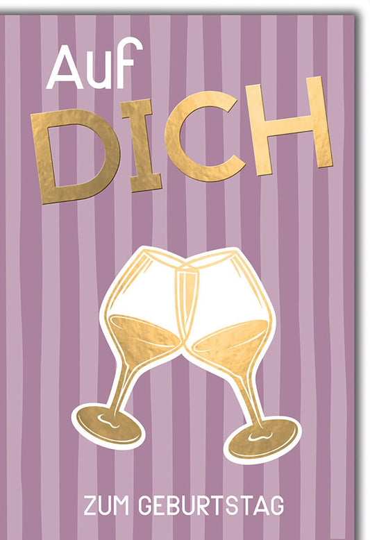 Geburtstagskarte – Goldene Sektgläser auf Lila Streifen mit modernem Schriftzug