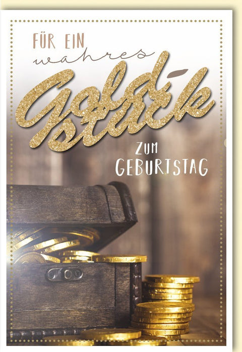 Geburtstagskarte "Goldener Moment" - Elegante Glückwunschkarte mit Schatztruhe, Glitter & Goldschatz Motiv, Festliche Sparkle Schrift