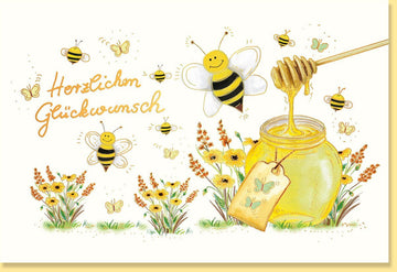 Geburtstagskarte & Gratulation - Handgeschrieben, Blumen & Bienen, Naturkarton mit Goldfolie, Honigglas - Motiv in Gelb für Erwachsene & Kinder