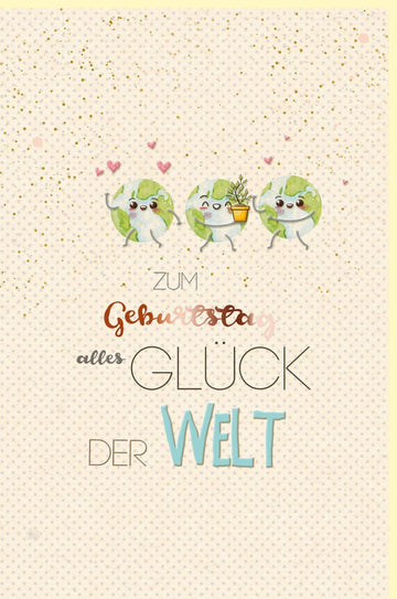 Geburtstagskarte Green Line: Weltkugel - Design auf Zuckerrohrpapier, Herzchen & Pflanzentopf - Motiv für Erwachsene und Jugendliche, Naturtöne Grün & Beige