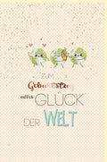 Geburtstagskarte Green Line: Weltkugel-Design auf Zuckerrohrpapier, Herzchen & Pflanzentopf-Motiv für Erwachsene und Jugendliche, Naturtöne Grün & Beige