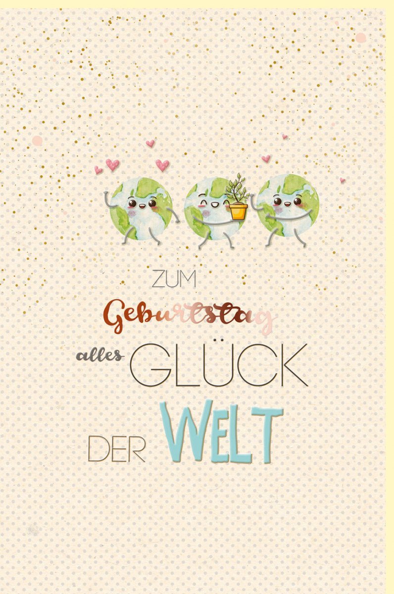 Geburtstagskarte Green Line: Weltkugel - Design auf Zuckerrohrpapier, Herzchen & Pflanzentopf - Motiv für Erwachsene und Jugendliche, Naturtöne Grün & Beige