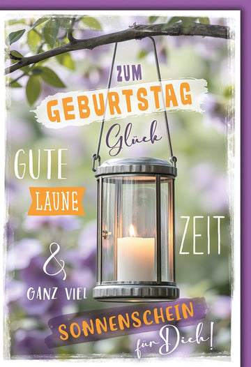 Geburtstagskarte Gute Laune – Laterne mit Kerze und lila Blumenhintergrund