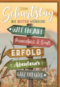Geburtstagskarte Gute Wünsche – Wegweiser mit Naturhintergrund und rustikalem Charme