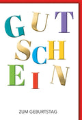 Geburtstagskarte Gutschein – Bunte Buchstaben in modernem, verspieltem Design