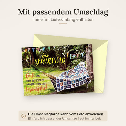 Geburtstagskarte Hängematte im Garten mit bunten Wimpeln und Häkeldecke fröhliche Glückwunschkarte für entspannte Geburtstagsgrüße