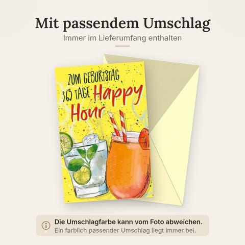 Geburtstagskarte Happy Hour mit Cocktail-Motiv und buntem Design 365 Tage Glückwunschkarte für Freunde und Familie