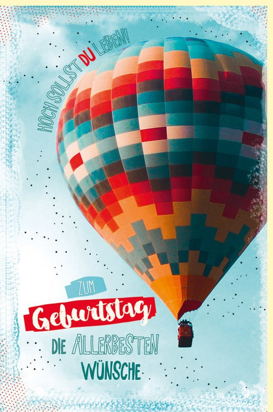 Geburtstagskarte Heißluftballon – Farbenfrohe Grüße für Abenteuerlustige, Schwebende Freiheit im Himmel, Bunte Feier in Blau & Rot