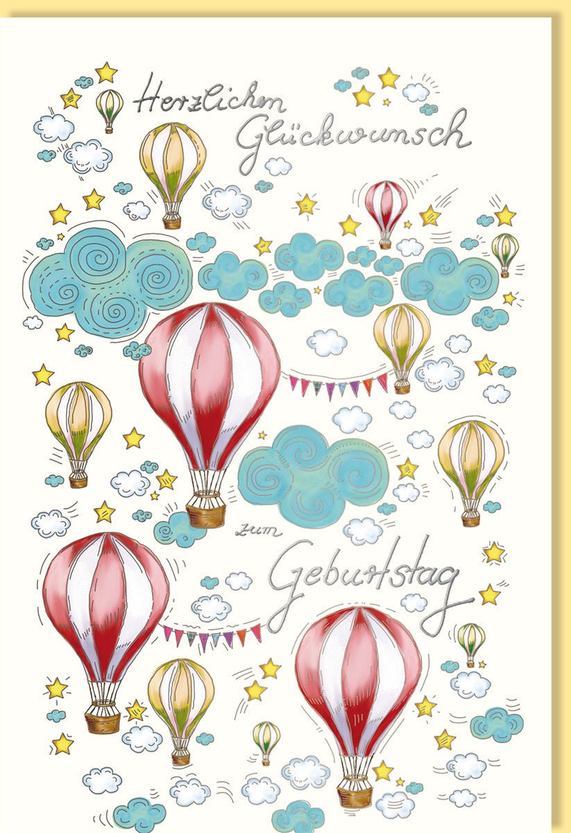 Geburtstagskarte Heißluftballons Wolken Sterne bunte Illustration Doppelkarte Glückwunschkarte Geburtstag liebevoll gestaltet