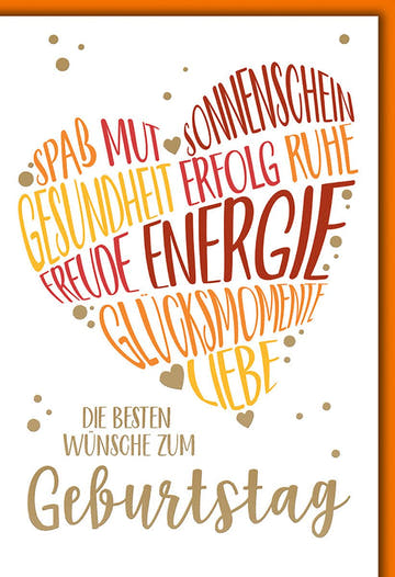 Geburtstagskarte Herzform – Bunte Wortwolke mit Energie und Glücksmomenten