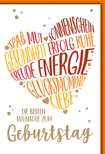 Geburtstagskarte Herzform – Bunte Wortwolke mit Energie und Glücksmomenten