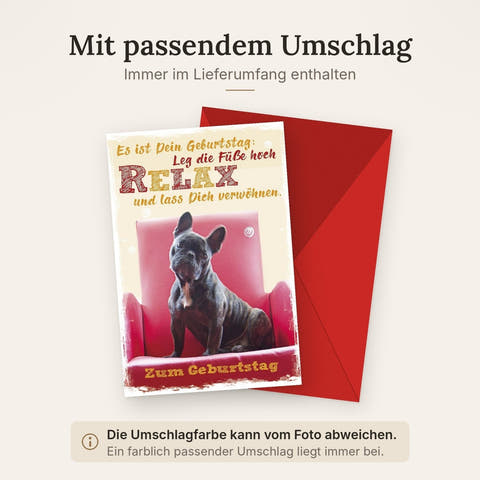 Geburtstagskarte – Humorvolle Bulldogge im Sessel, Entspannung & Spaß für Tierfreunde