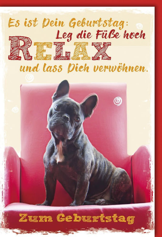 Geburtstagskarte – Humorvolle Bulldogge im Sessel, Entspannung & Spaß für Tierfreunde