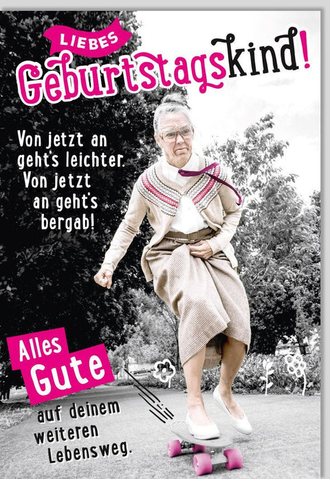 Geburtstagskarte - Humorvolle Skateboard - Omi, Originelle Rosa Grüße für Seniorinnen, Spaßiges Geschenk für Großmütter, Freude & Lachen