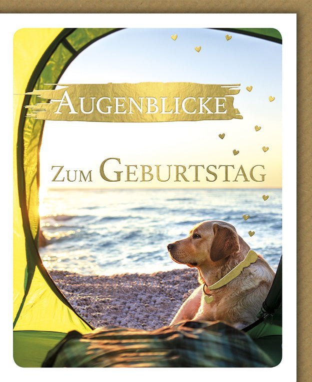Geburtstagskarte: Hund am Strand mit Zelt und Meer – Perfekt für Natur - und Campingliebhaber! Herzliche Glückwünsche zum besonderen Tag!