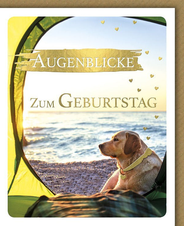 Geburtstagskarte: Hund am Strand mit Zelt und Meer – Perfekt für Natur- und Campingliebhaber! Herzliche Glückwünsche zum besonderen Tag!