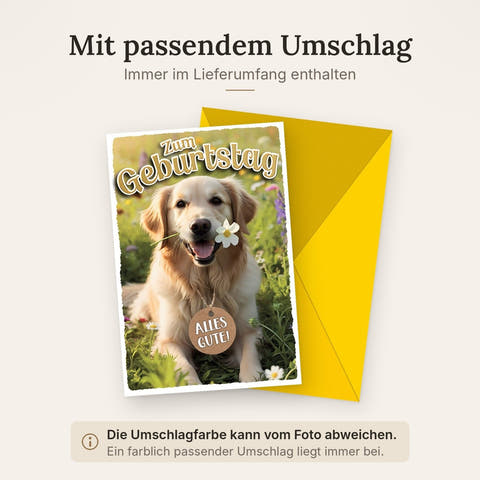 Geburtstagskarte Hunde – Fröhlicher Golden Retriever mit Blume und Naturmotiv