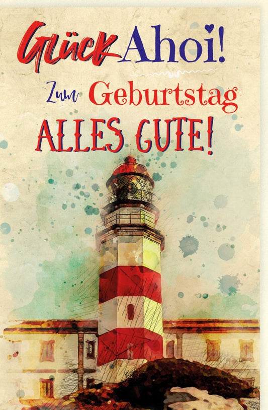 Geburtstagskarte im Nautischen Aquarell - Stil - Vintage Leuchtturm & Meer, Maritimes Grunge - Design für besondere Glückwünsche