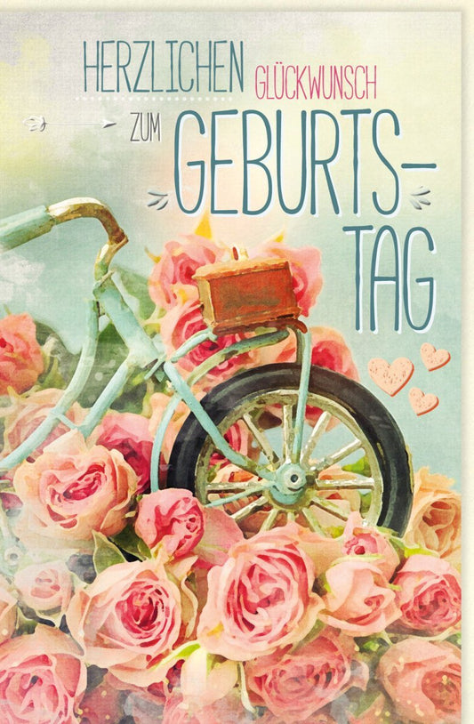 Geburtstagskarte im Vintage - Stil: Retro Glückwunsch mit Rosen & Fahrrad, Nostalgisches Design in Rosa/Grün