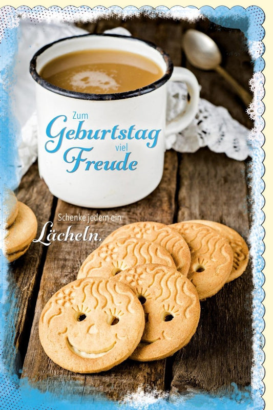 Geburtstagskarte im Vintage - Stil: Rustikaler Holz - Look mit Kaffee und Smiley - Keksen für ein fröhliches Lächeln