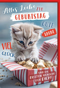 Geburtstagskarte Katzenliebhaber – Kätzchen mit Pralinen und fröhlichen Wünschen