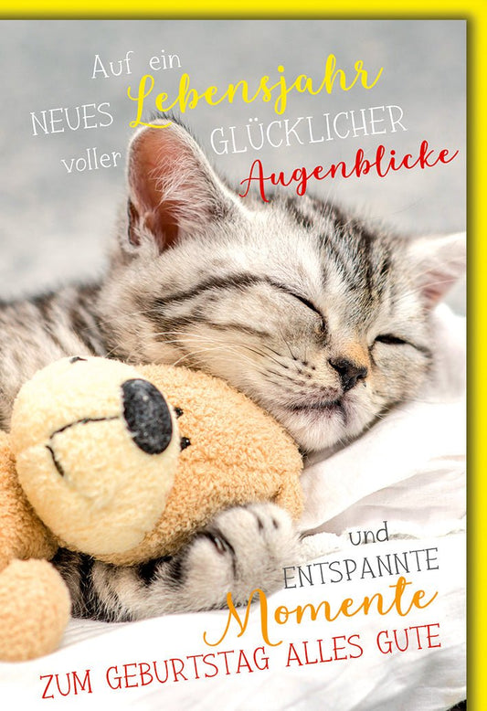 Geburtstagskarte Katzenliebhaber – Schlafendes Kätzchen mit Kuscheltier und buntem Text
